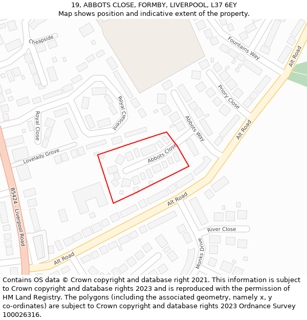 19, ABBOTS CLOSE, FORMBY, LIVERPOOL, L37 6EY: Location map and indicative extent of plot