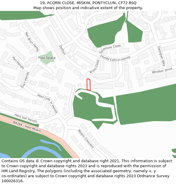 19, ACORN CLOSE, MISKIN, PONTYCLUN, CF72 8SQ: Location map and indicative extent of plot