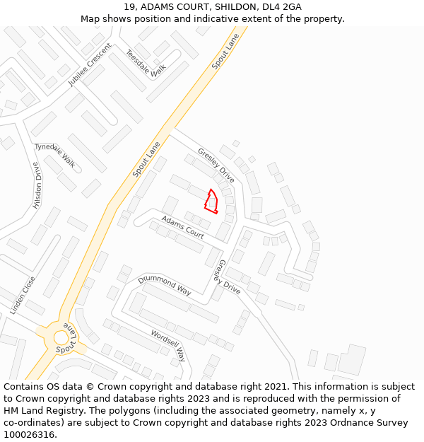 19, ADAMS COURT, SHILDON, DL4 2GA: Location map and indicative extent of plot