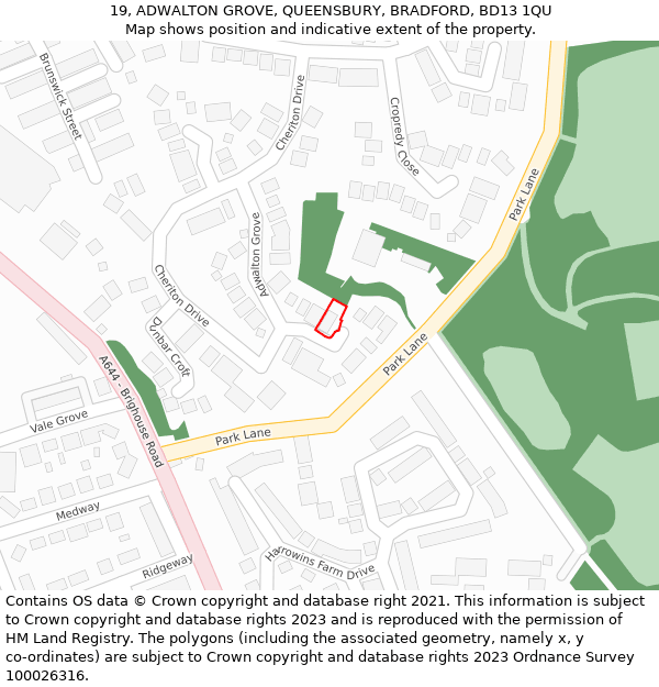 19, ADWALTON GROVE, QUEENSBURY, BRADFORD, BD13 1QU: Location map and indicative extent of plot