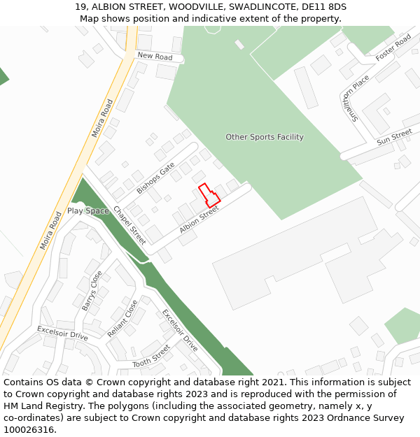 19, ALBION STREET, WOODVILLE, SWADLINCOTE, DE11 8DS: Location map and indicative extent of plot