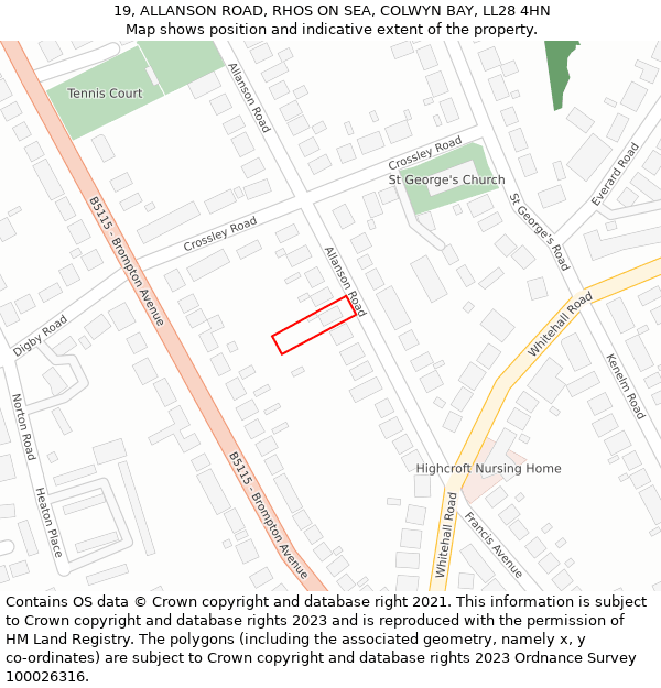 19, ALLANSON ROAD, RHOS ON SEA, COLWYN BAY, LL28 4HN: Location map and indicative extent of plot