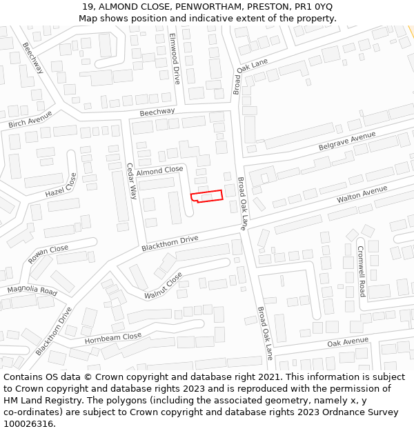 19, ALMOND CLOSE, PENWORTHAM, PRESTON, PR1 0YQ: Location map and indicative extent of plot