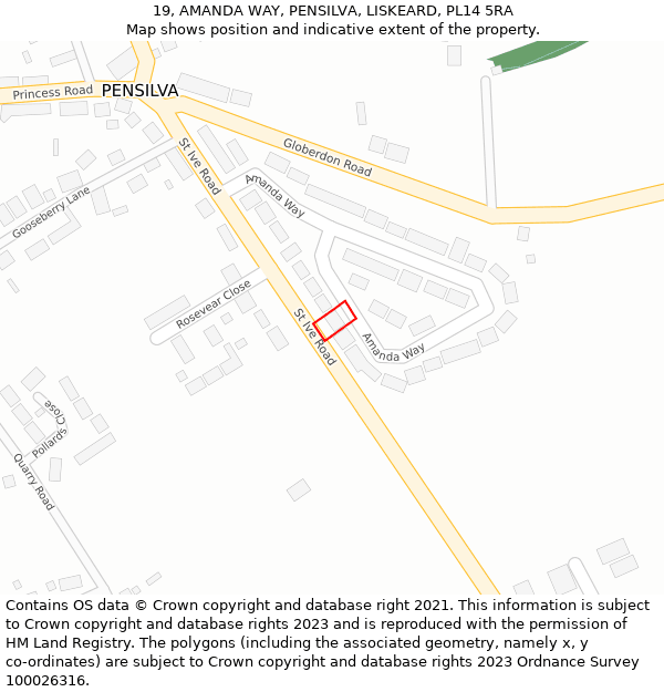 19, AMANDA WAY, PENSILVA, LISKEARD, PL14 5RA: Location map and indicative extent of plot