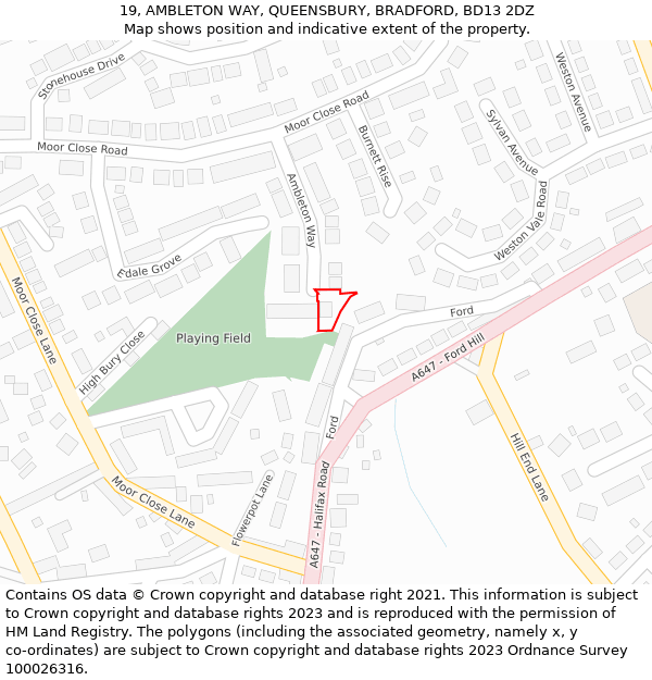19, AMBLETON WAY, QUEENSBURY, BRADFORD, BD13 2DZ: Location map and indicative extent of plot