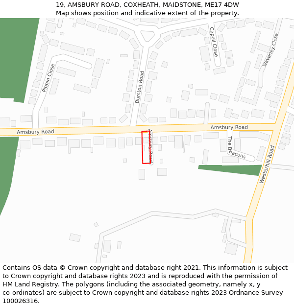 19, AMSBURY ROAD, COXHEATH, MAIDSTONE, ME17 4DW: Location map and indicative extent of plot