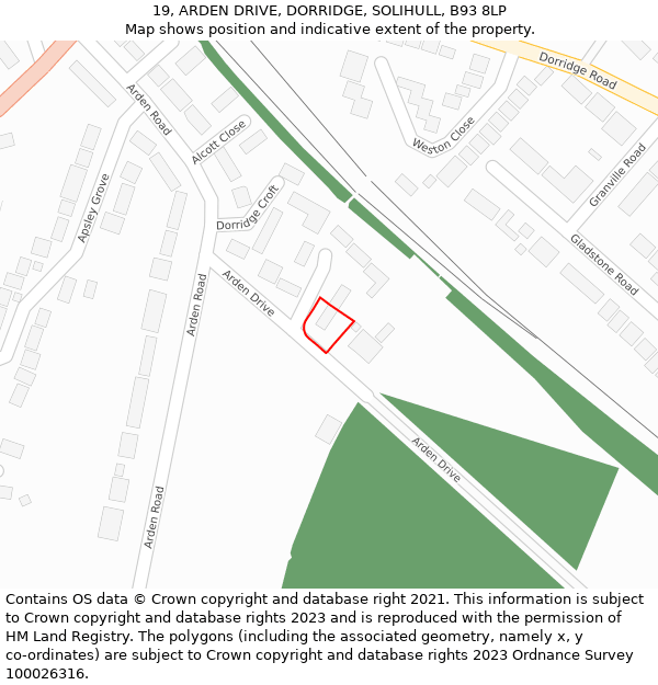 19, ARDEN DRIVE, DORRIDGE, SOLIHULL, B93 8LP: Location map and indicative extent of plot