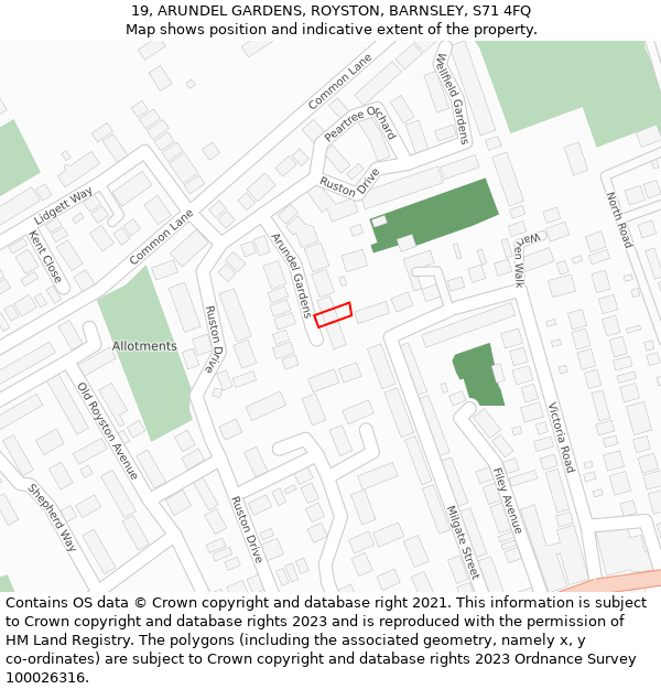 19, ARUNDEL GARDENS, ROYSTON, BARNSLEY, S71 4FQ: Location map and indicative extent of plot