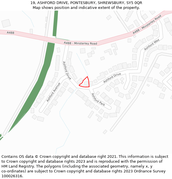 19, ASHFORD DRIVE, PONTESBURY, SHREWSBURY, SY5 0QR: Location map and indicative extent of plot