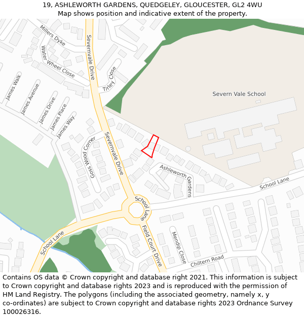 19, ASHLEWORTH GARDENS, QUEDGELEY, GLOUCESTER, GL2 4WU: Location map and indicative extent of plot