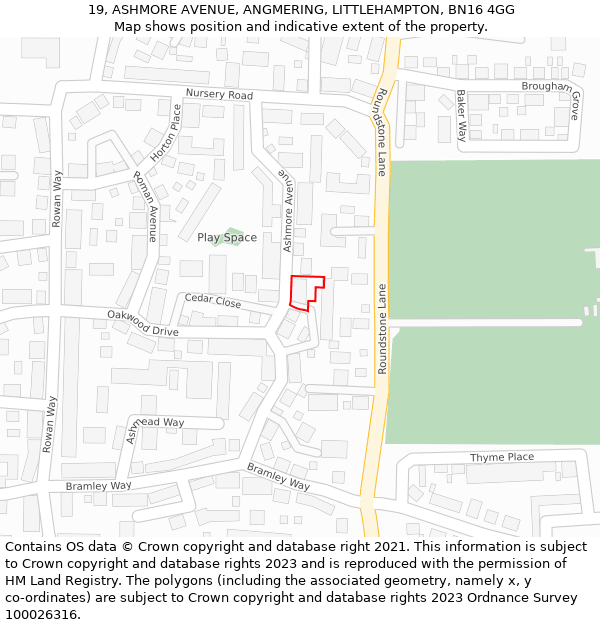 19, ASHMORE AVENUE, ANGMERING, LITTLEHAMPTON, BN16 4GG: Location map and indicative extent of plot
