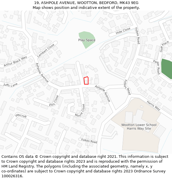 19, ASHPOLE AVENUE, WOOTTON, BEDFORD, MK43 9EG: Location map and indicative extent of plot