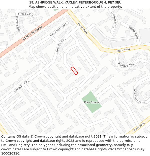 19, ASHRIDGE WALK, YAXLEY, PETERBOROUGH, PE7 3EU: Location map and indicative extent of plot