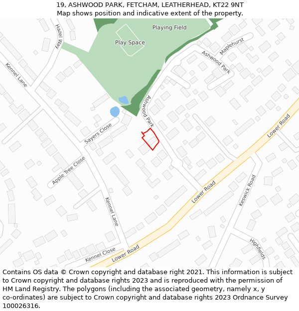 19, ASHWOOD PARK, FETCHAM, LEATHERHEAD, KT22 9NT: Location map and indicative extent of plot
