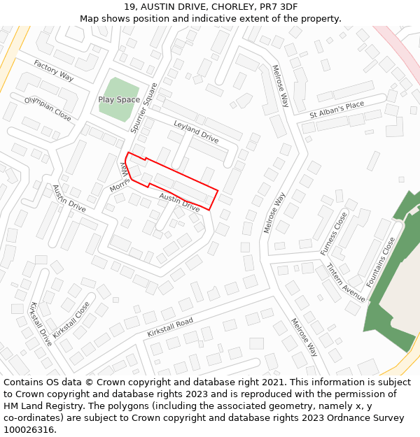 19, AUSTIN DRIVE, CHORLEY, PR7 3DF: Location map and indicative extent of plot