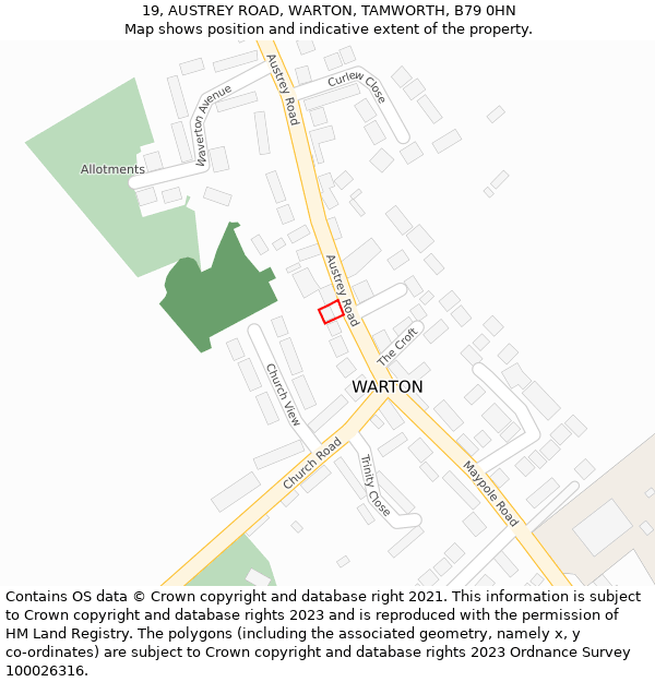 19, AUSTREY ROAD, WARTON, TAMWORTH, B79 0HN: Location map and indicative extent of plot