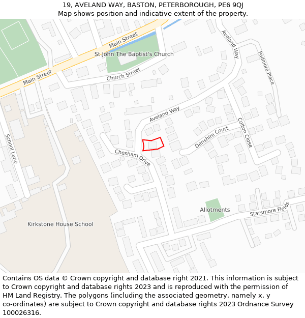 19, AVELAND WAY, BASTON, PETERBOROUGH, PE6 9QJ: Location map and indicative extent of plot