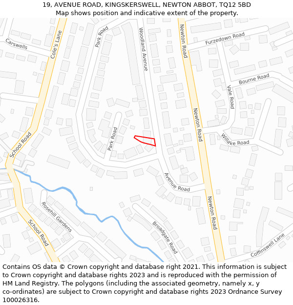 19, AVENUE ROAD, KINGSKERSWELL, NEWTON ABBOT, TQ12 5BD: Location map and indicative extent of plot