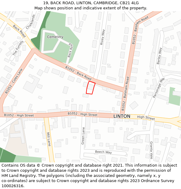 19, BACK ROAD, LINTON, CAMBRIDGE, CB21 4LG: Location map and indicative extent of plot