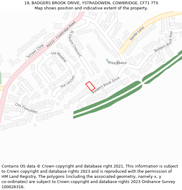 19, BADGERS BROOK DRIVE, YSTRADOWEN, COWBRIDGE, CF71 7TX: Location map and indicative extent of plot