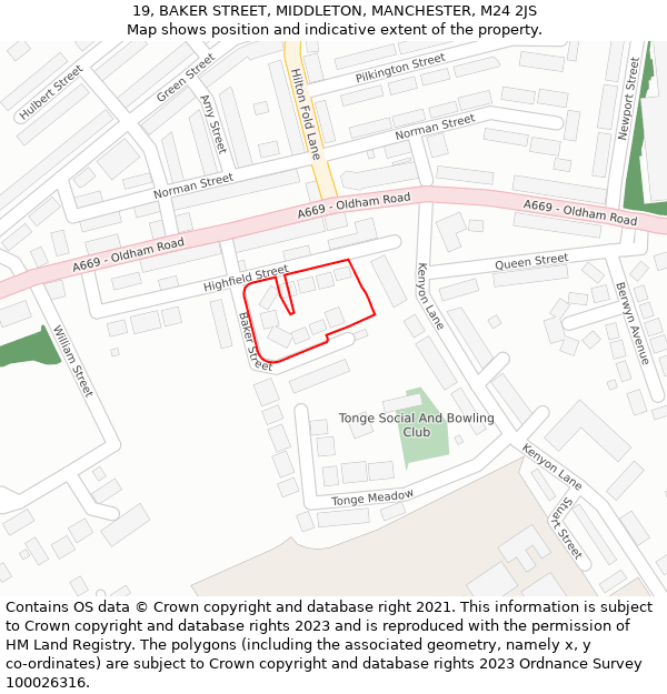 19, BAKER STREET, MIDDLETON, MANCHESTER, M24 2JS: Location map and indicative extent of plot