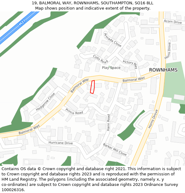 19, BALMORAL WAY, ROWNHAMS, SOUTHAMPTON, SO16 8LL: Location map and indicative extent of plot