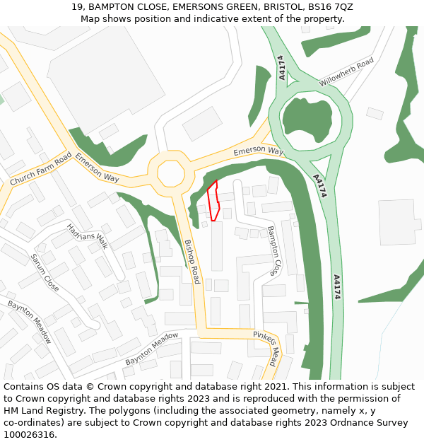 19, BAMPTON CLOSE, EMERSONS GREEN, BRISTOL, BS16 7QZ: Location map and indicative extent of plot