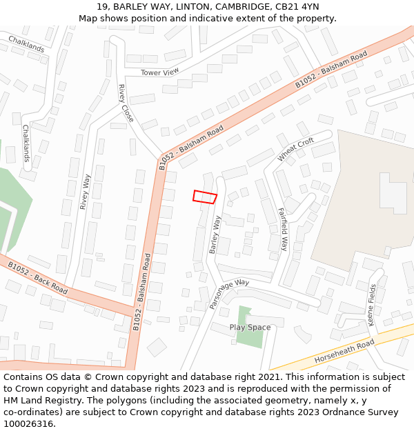 19, BARLEY WAY, LINTON, CAMBRIDGE, CB21 4YN: Location map and indicative extent of plot