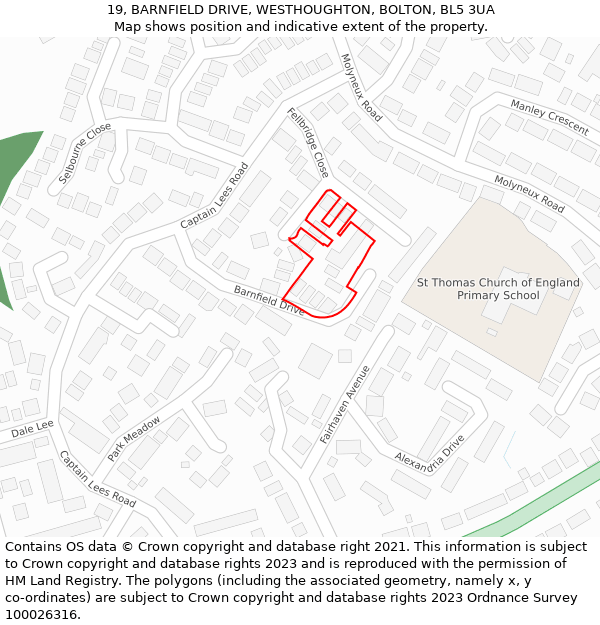 19, BARNFIELD DRIVE, WESTHOUGHTON, BOLTON, BL5 3UA: Location map and indicative extent of plot