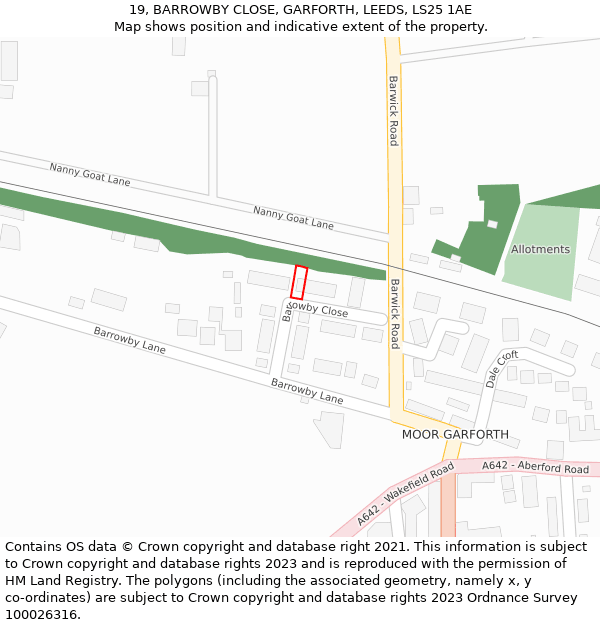 19, BARROWBY CLOSE, GARFORTH, LEEDS, LS25 1AE: Location map and indicative extent of plot