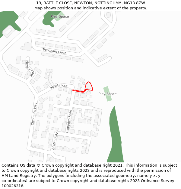 19, BATTLE CLOSE, NEWTON, NOTTINGHAM, NG13 8ZW: Location map and indicative extent of plot