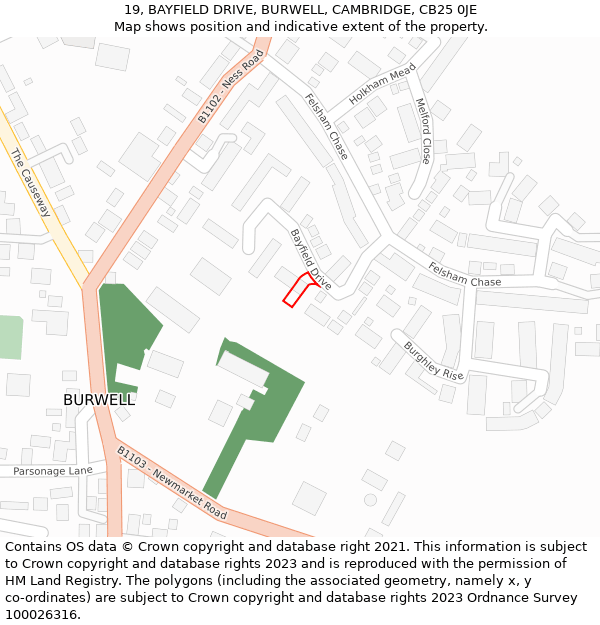 19, BAYFIELD DRIVE, BURWELL, CAMBRIDGE, CB25 0JE: Location map and indicative extent of plot