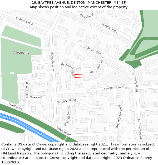 19, BAYTREE AVENUE, DENTON, MANCHESTER, M34 3FJ: Location map and indicative extent of plot