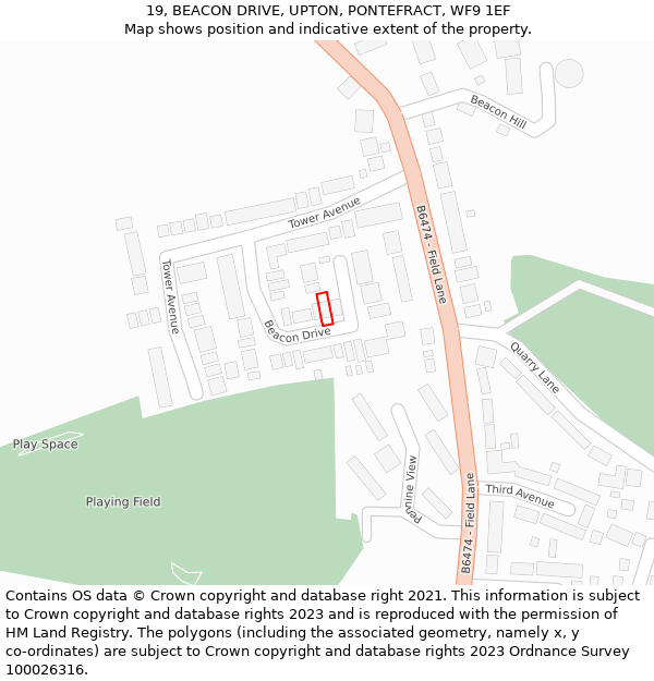 19, BEACON DRIVE, UPTON, PONTEFRACT, WF9 1EF: Location map and indicative extent of plot