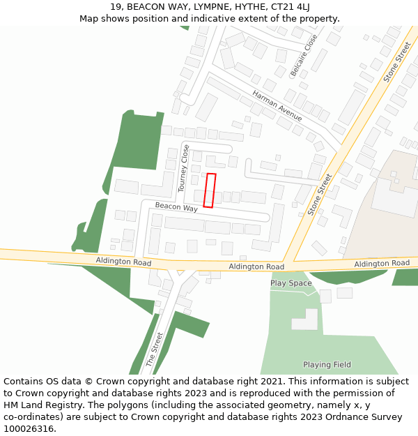 19, BEACON WAY, LYMPNE, HYTHE, CT21 4LJ: Location map and indicative extent of plot