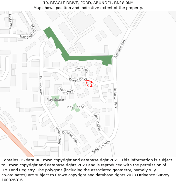 19, BEAGLE DRIVE, FORD, ARUNDEL, BN18 0NY: Location map and indicative extent of plot