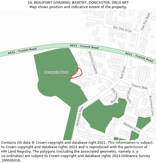 19, BEAUFONT GARDENS, BAWTRY, DONCASTER, DN10 6RT: Location map and indicative extent of plot