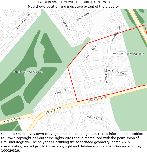 19, BEDESWELL CLOSE, HEBBURN, NE31 2GB: Location map and indicative extent of plot