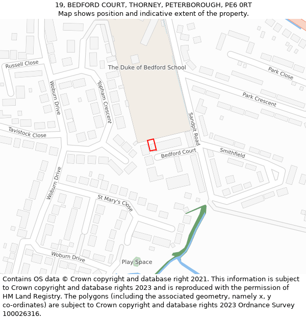 19, BEDFORD COURT, THORNEY, PETERBOROUGH, PE6 0RT: Location map and indicative extent of plot