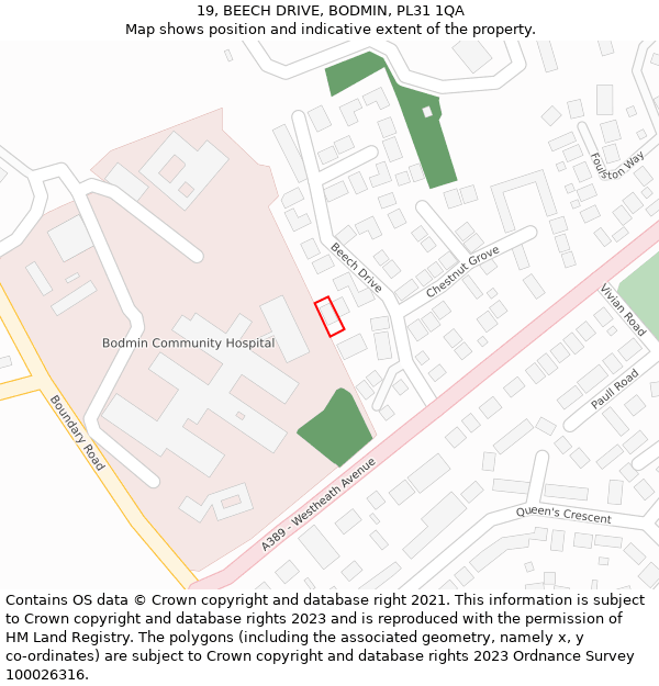 19, BEECH DRIVE, BODMIN, PL31 1QA: Location map and indicative extent of plot