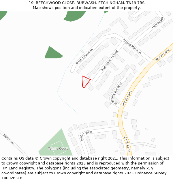 19, BEECHWOOD CLOSE, BURWASH, ETCHINGHAM, TN19 7BS: Location map and indicative extent of plot