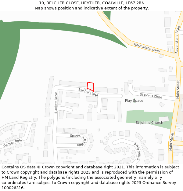 19, BELCHER CLOSE, HEATHER, COALVILLE, LE67 2RN: Location map and indicative extent of plot