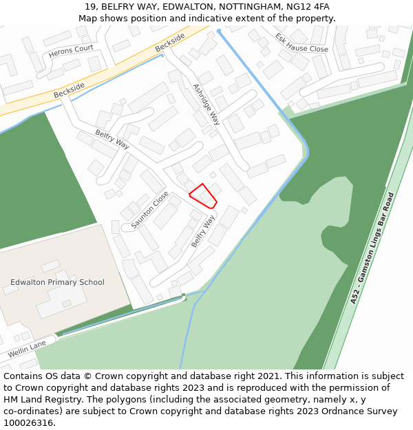 19, BELFRY WAY, EDWALTON, NOTTINGHAM, NG12 4FA: Location map and indicative extent of plot