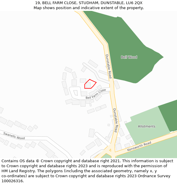 19, BELL FARM CLOSE, STUDHAM, DUNSTABLE, LU6 2QX: Location map and indicative extent of plot