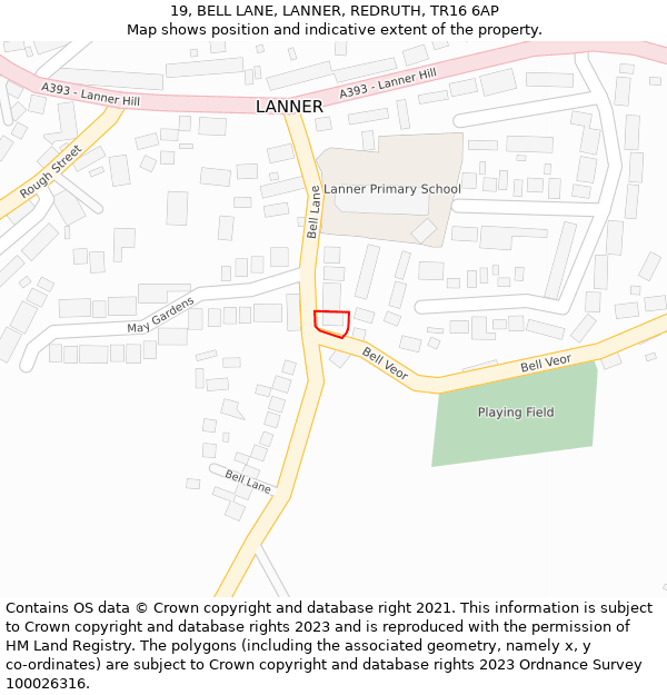 19, BELL LANE, LANNER, REDRUTH, TR16 6AP: Location map and indicative extent of plot