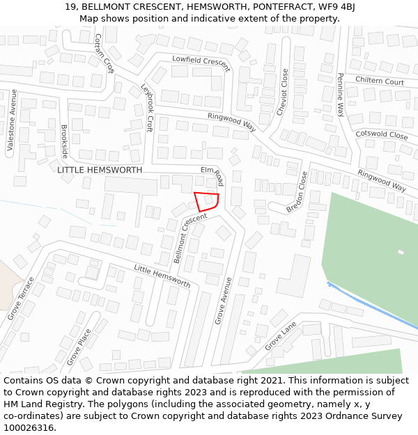 19, BELLMONT CRESCENT, HEMSWORTH, PONTEFRACT, WF9 4BJ: Location map and indicative extent of plot