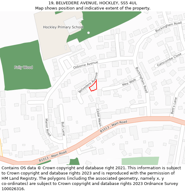 19, BELVEDERE AVENUE, HOCKLEY, SS5 4UL: Location map and indicative extent of plot