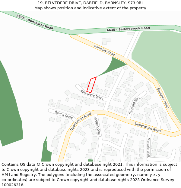 19, BELVEDERE DRIVE, DARFIELD, BARNSLEY, S73 9RL: Location map and indicative extent of plot