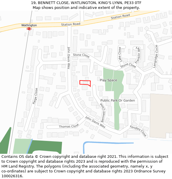 19, BENNETT CLOSE, WATLINGTON, KING'S LYNN, PE33 0TF: Location map and indicative extent of plot