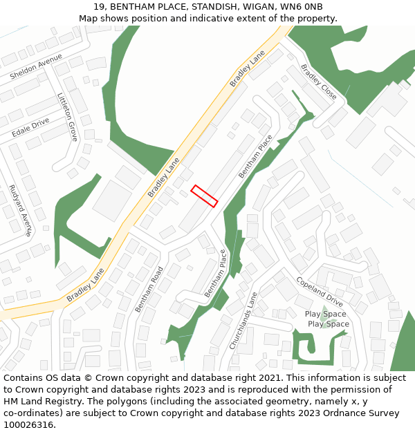 19, BENTHAM PLACE, STANDISH, WIGAN, WN6 0NB: Location map and indicative extent of plot